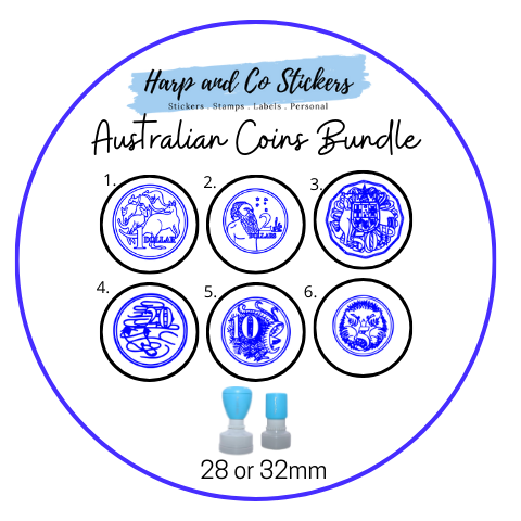 28 or 32mm Personalised Stamp Bundle - 6 Australian Coins Stamps