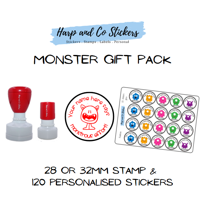 Gift Pack 28 or 32mm Stamp + 120 Stickers - Monster