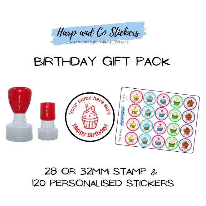 Gift Pack 28 or 32mm Stamp + 120 Stickers - Birthday