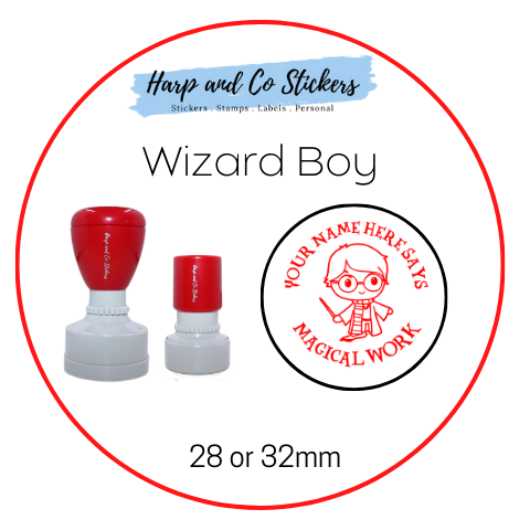 28 or 32mm Personalised Round Stamp - *Boy Wizard* - Great for the classroom!