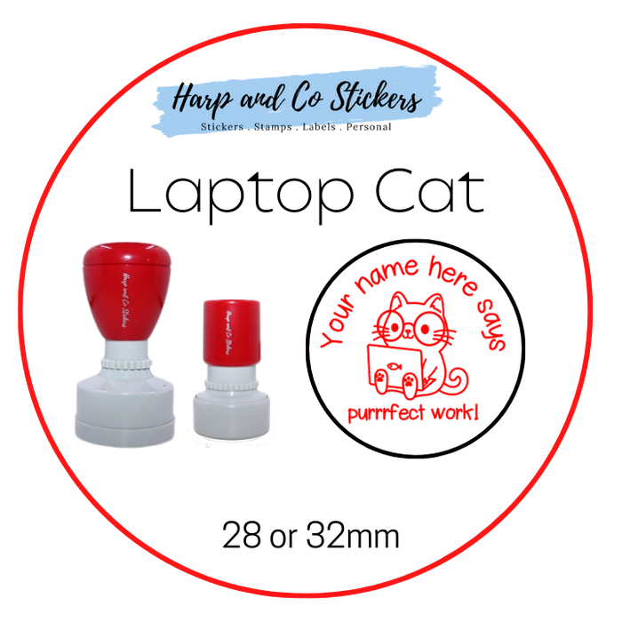 28 or 32mm Personalised Merit Stamp - *Laptop Cat* - Great for the classroom!