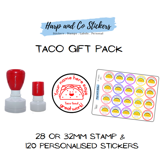 Gift Pack 28 or 32mm Stamp + 120 Stickers - Taco
