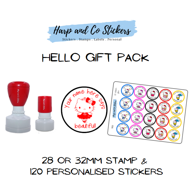 Gift Pack 28 or 32mm Stamp + 120 Stickers - Hello