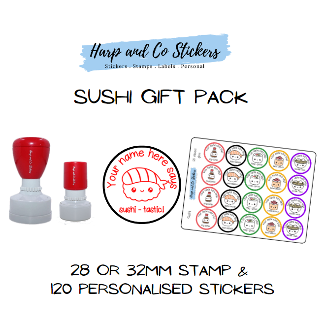 Gift Pack 28 or 32mm Stamp + 120 Stickers - Sushi