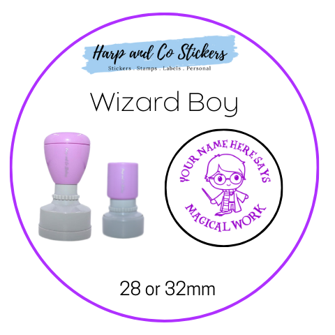 28 or 32mm Personalised Round Stamp - *Boy Wizard* - Great for the classroom!