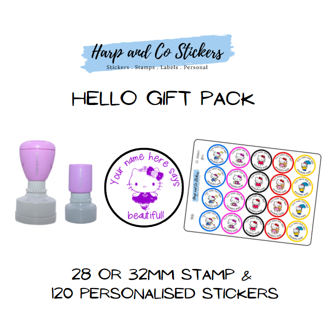 Gift Pack 28 or 32mm Stamp + 120 Stickers - Hello
