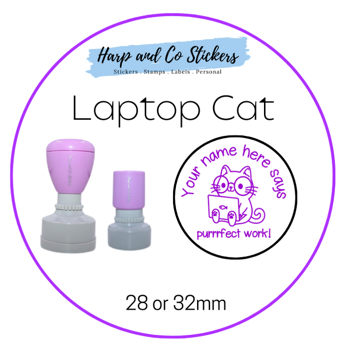 28 or 32mm Personalised Merit Stamp - *Laptop Cat* - Great for the classroom!