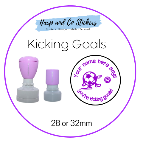 28 or 32mm Personalised Round Stamp - *Kicking Goals* - Great for the classroom!