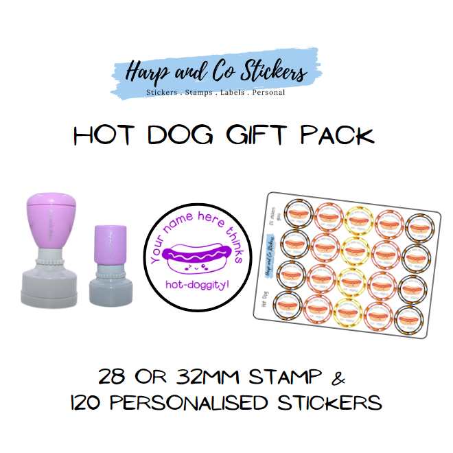 Gift Pack 28 or 32mm Stamp + 120 Stickers - Hot Dog