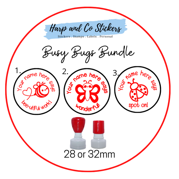 28 or 32mm Personalised Stamp Bundle - 3 Busy Bugs stamps