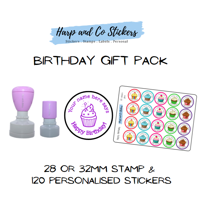 Gift Pack 28 or 32mm Stamp + 120 Stickers - Birthday