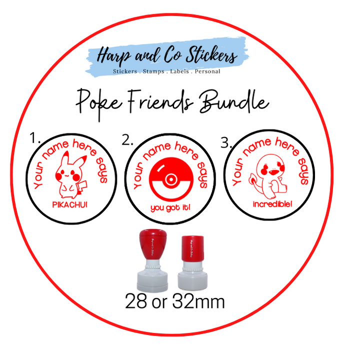 28 or 32mm Personalised Stamp Bundle - 3 Poke Friends Stamps