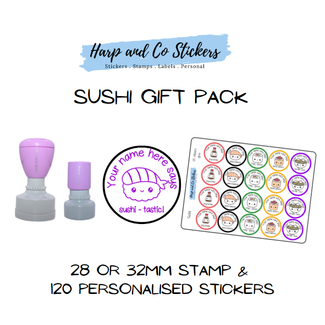 Gift Pack 28 or 32mm Stamp + 120 Stickers - Sushi
