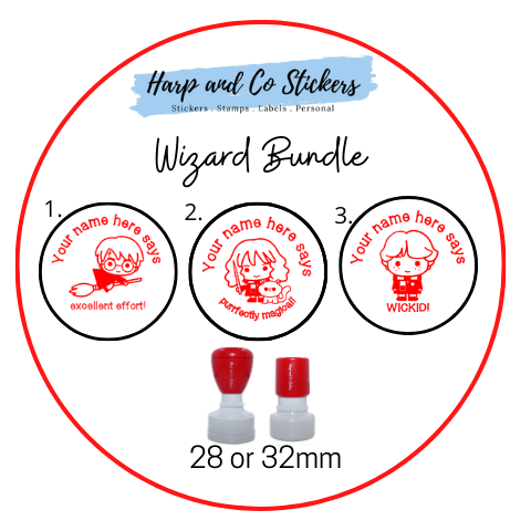 28 or 32mm Personalised Stamp Bundle - 3 Wizard stamps