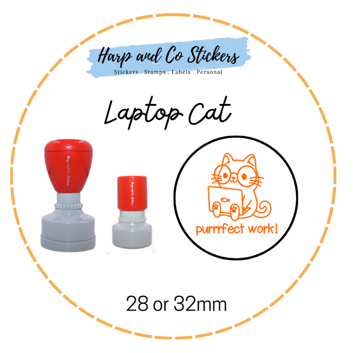 28 or 32mm Round Stamp - Laptop Cat