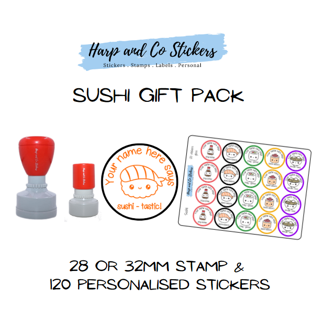 Gift Pack 28 or 32mm Stamp + 120 Stickers - Sushi