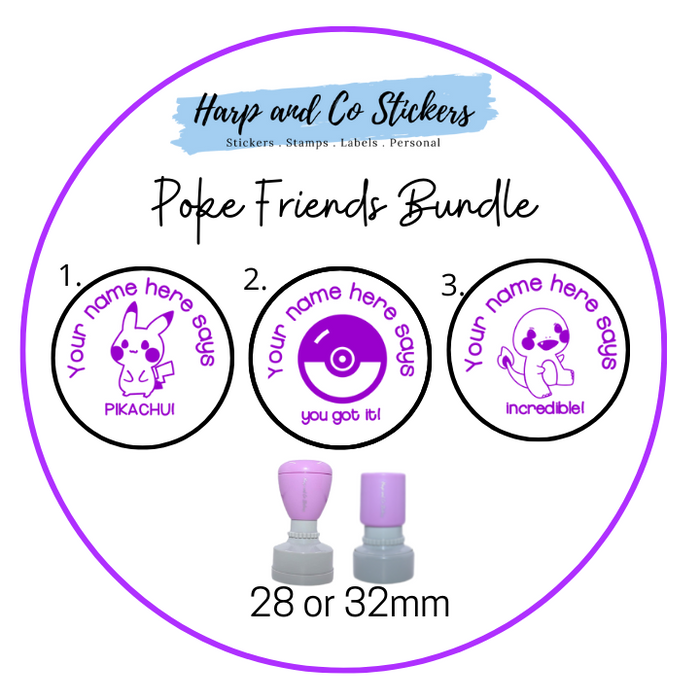 28 or 32mm Personalised Stamp Bundle - 3 Poke Friends Stamps