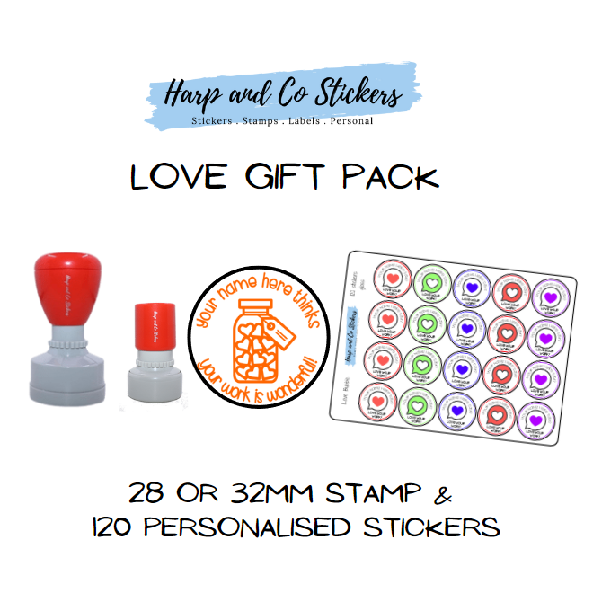 Gift Pack 28 or 32mm Stamp + 120 Stickers - Love