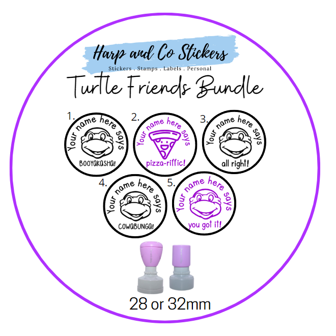 28 or 32mm Personalised Stamp Bundle - 5 Turtle and Friends Stamps