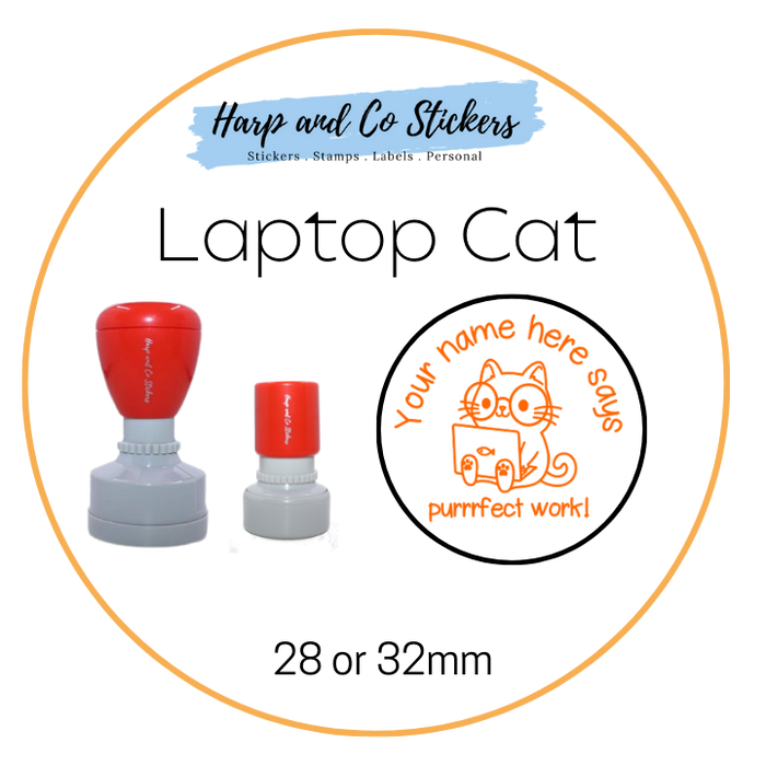 28 or 32mm Personalised Merit Stamp - *Laptop Cat* - Great for the classroom!