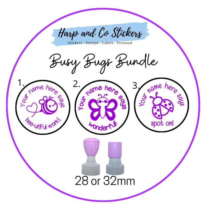 28 or 32mm Personalised Stamp Bundle - 3 Busy Bugs stamps