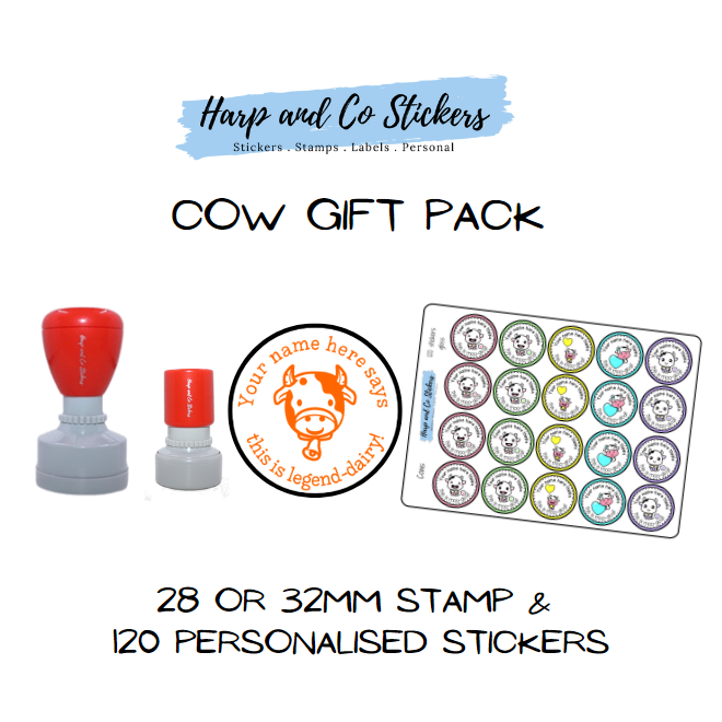 Gift Pack 28 or 32mm Stamp + 120 Stickers - Cow