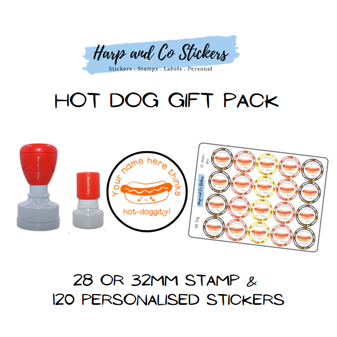 Gift Pack 28 or 32mm Stamp + 120 Stickers - Hot Dog