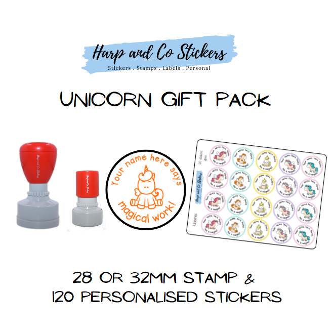 Gift Pack 28 or 32mm Stamp + 120 Stickers - Unicorn