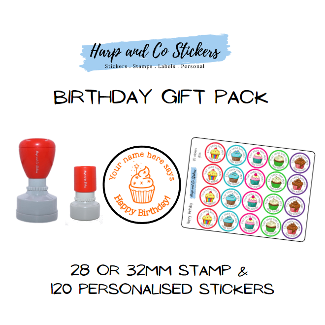 Gift Pack 28 or 32mm Stamp + 120 Stickers - Birthday