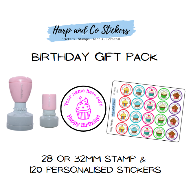 Gift Pack 28 or 32mm Stamp + 120 Stickers - Birthday