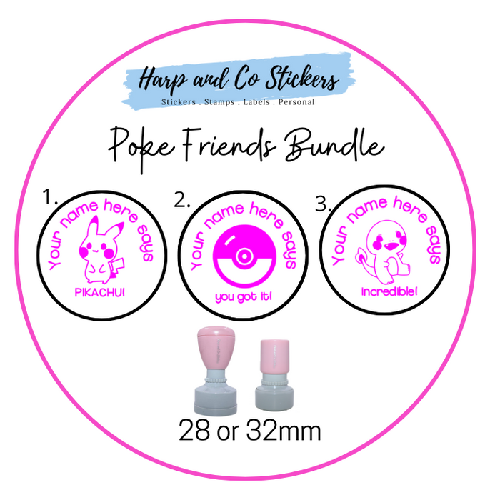 28 or 32mm Personalised Stamp Bundle - 3 Poke Friends Stamps