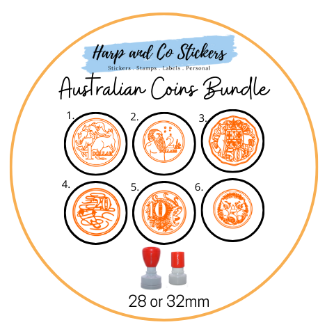 28 or 32mm Personalised Stamp Bundle - 6 Australian Coins Stamps