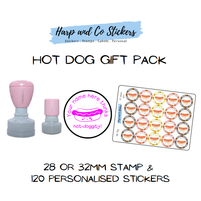Gift Pack 28 or 32mm Stamp + 120 Stickers - Hot Dog