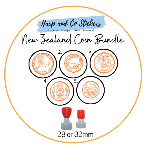 28 or 32mm Personalised Stamp Bundle - 5 New Zealand Coins Stamps