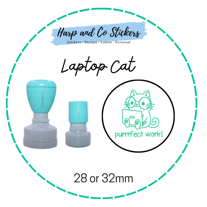 28 or 32mm Round Stamp - Laptop Cat