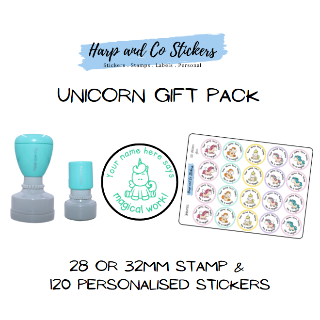 Gift Pack 28 or 32mm Stamp + 120 Stickers - Unicorn