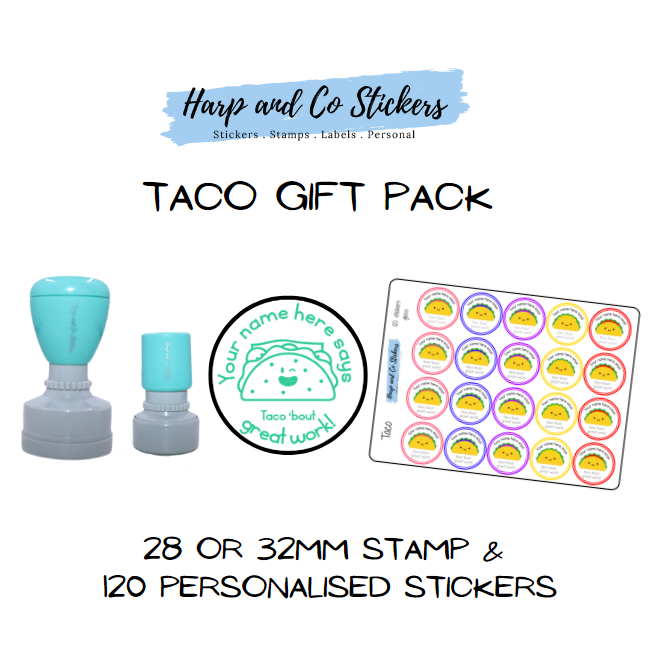 Gift Pack 28 or 32mm Stamp + 120 Stickers - Taco