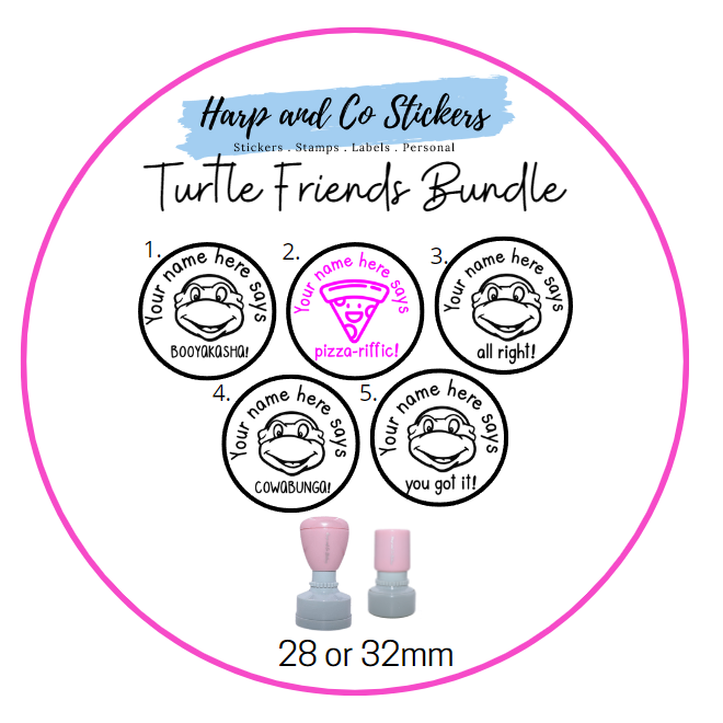 28 or 32mm Personalised Stamp Bundle - 5 Turtle and Friends Stamps