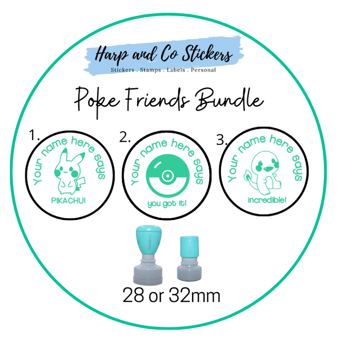 28 or 32mm Personalised Stamp Bundle - 3 Poke Friends Stamps