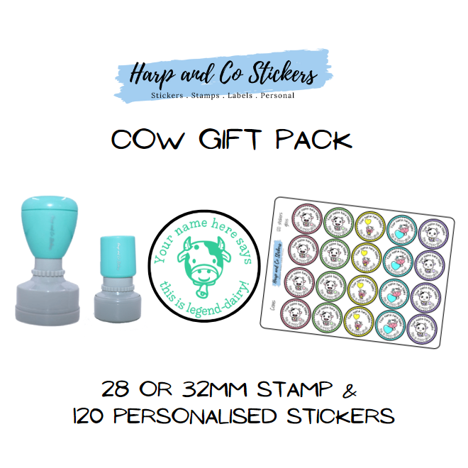 Gift Pack 28 or 32mm Stamp + 120 Stickers - Cow