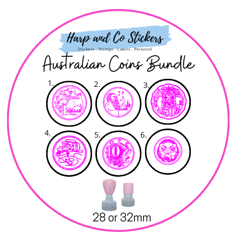 28 or 32mm Personalised Stamp Bundle - 6 Australian Coins Stamps