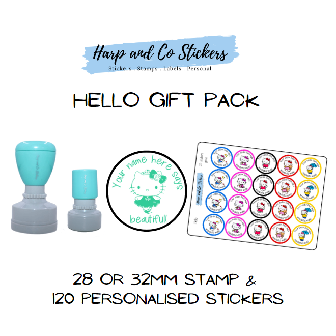 Gift Pack 28 or 32mm Stamp + 120 Stickers - Hello