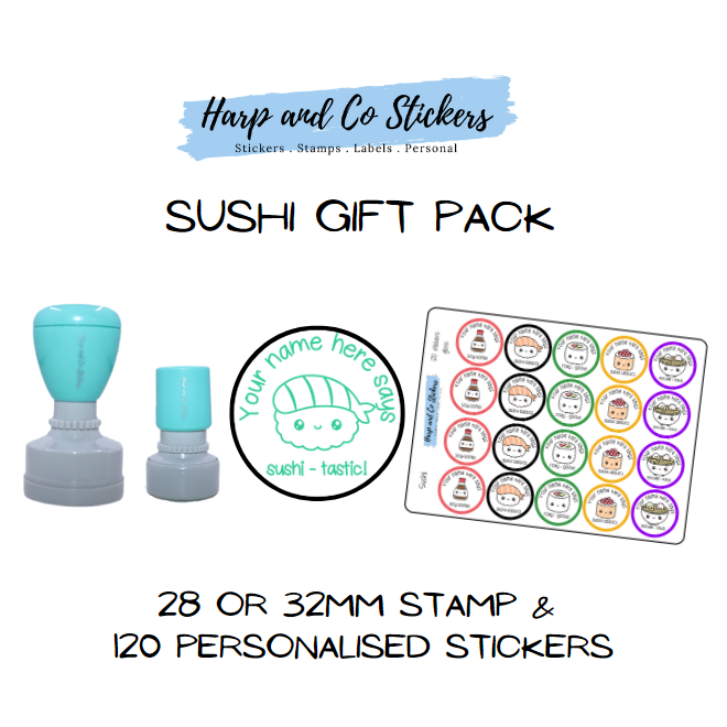 Gift Pack 28 or 32mm Stamp + 120 Stickers - Sushi