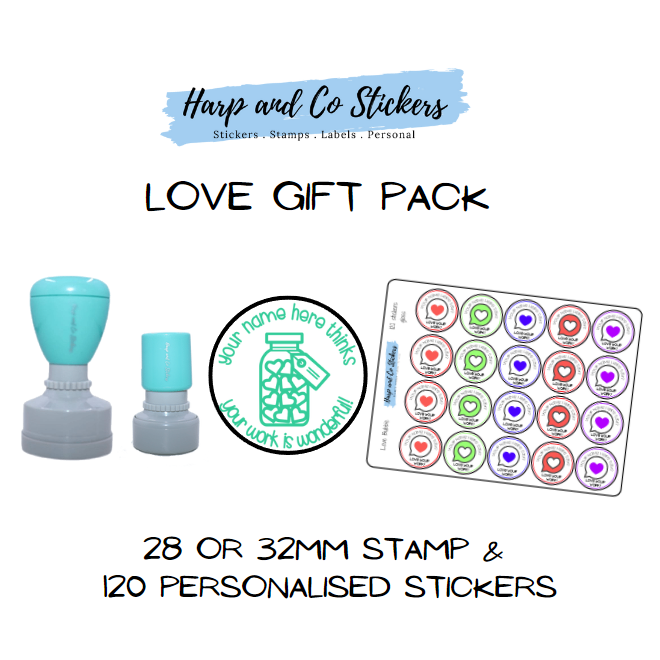 Gift Pack 28 or 32mm Stamp + 120 Stickers - Love