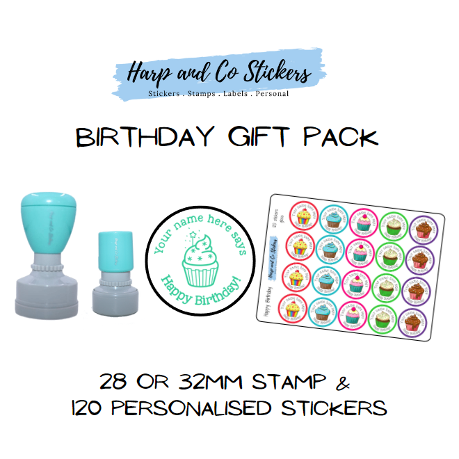 Gift Pack 28 or 32mm Stamp + 120 Stickers - Birthday