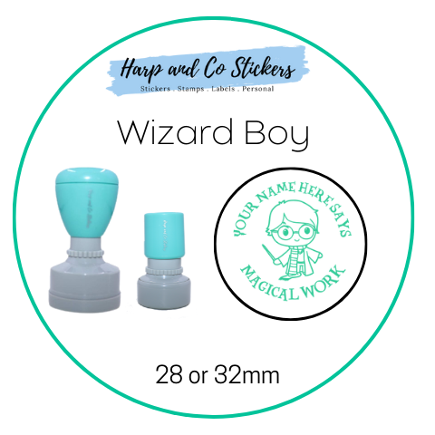 28 or 32mm Personalised Round Stamp - *Boy Wizard* - Great for the classroom!