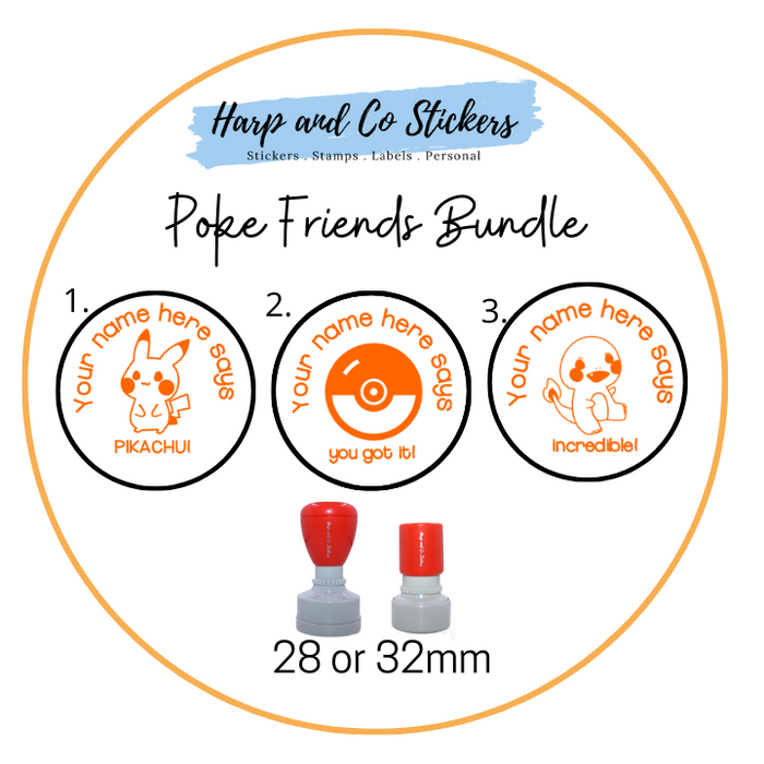 28 or 32mm Personalised Stamp Bundle - 3 Poke Friends Stamps