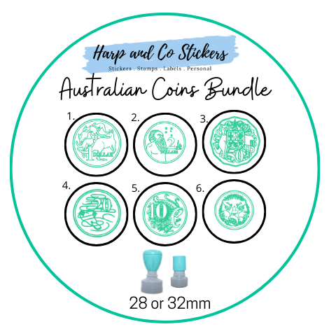 28 or 32mm Personalised Stamp Bundle - 6 Australian Coins Stamps