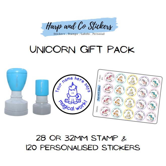 Gift Pack 28 or 32mm Stamp + 120 Stickers - Unicorn