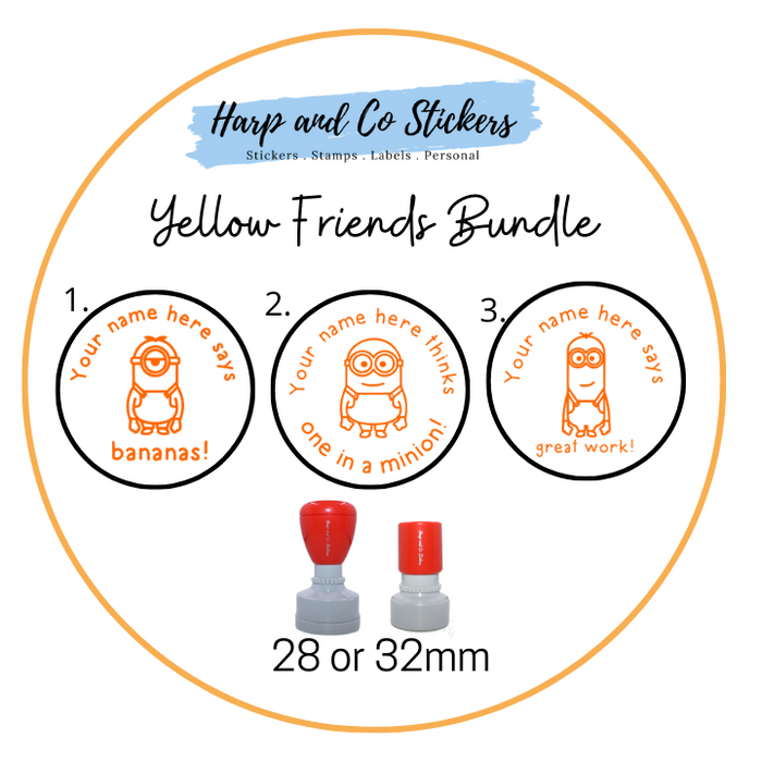 28 or 32mm Personalised Stamp Bundle - 3 Yellow Friends Stamps